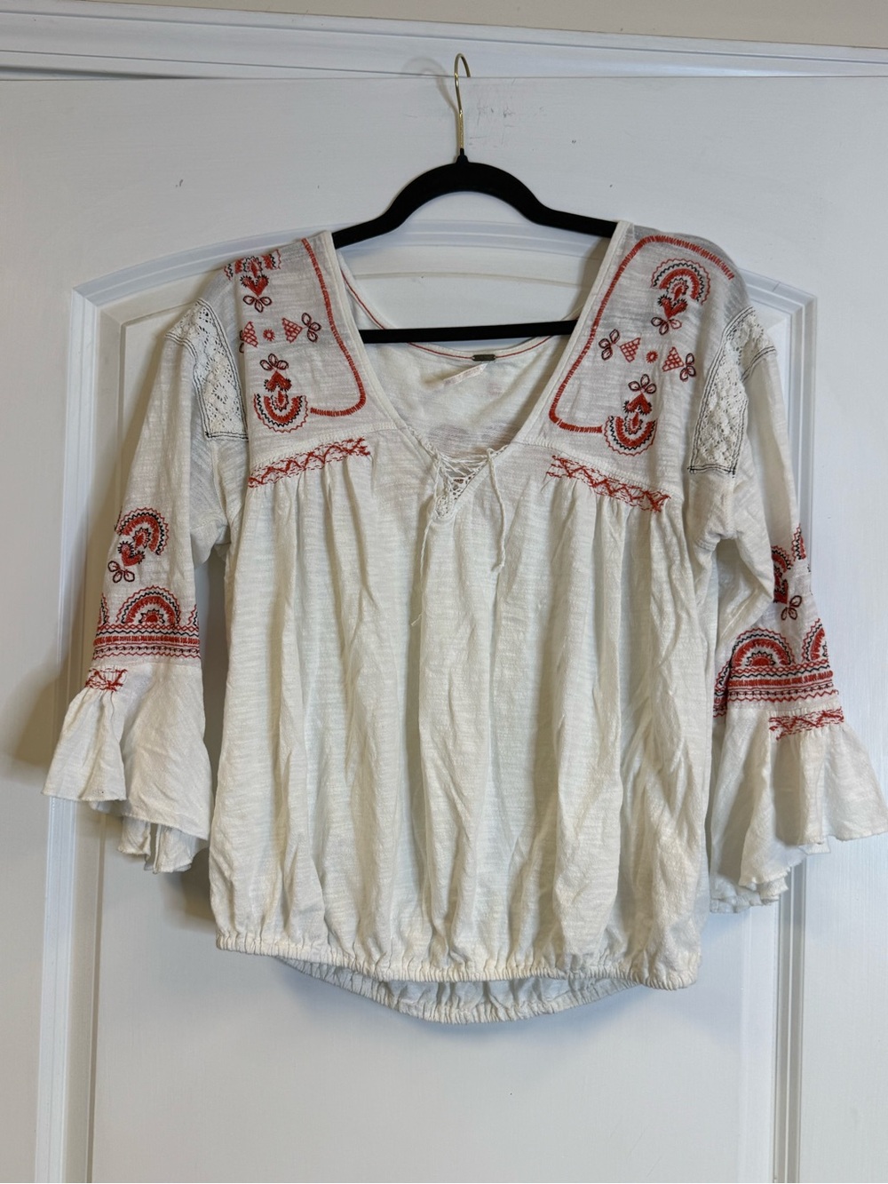 Free People M Ivory Red Embroidered Boho Peasant Bell Sleeve Top